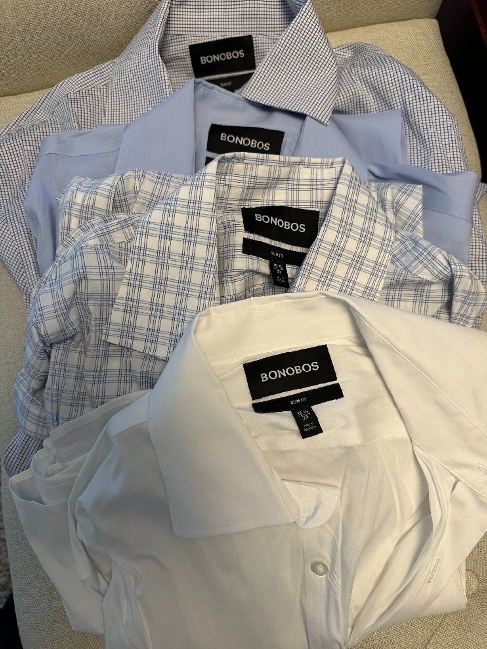 Bonobos Slim Fit Dress Shirts 15.5/33 Lot of 2 White Blue Check Button Down Bund